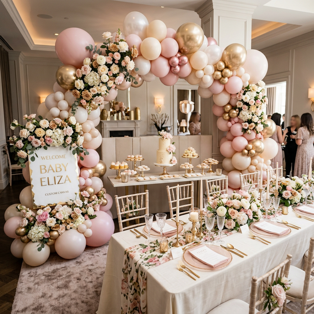 Elegant baby shower balloon and floral decor