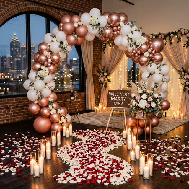 Romantic proposal setup with candles and balloons